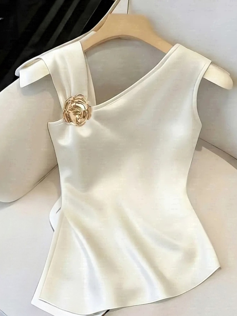 Elegant Asymmetric Cream Blouse with Gold Accent